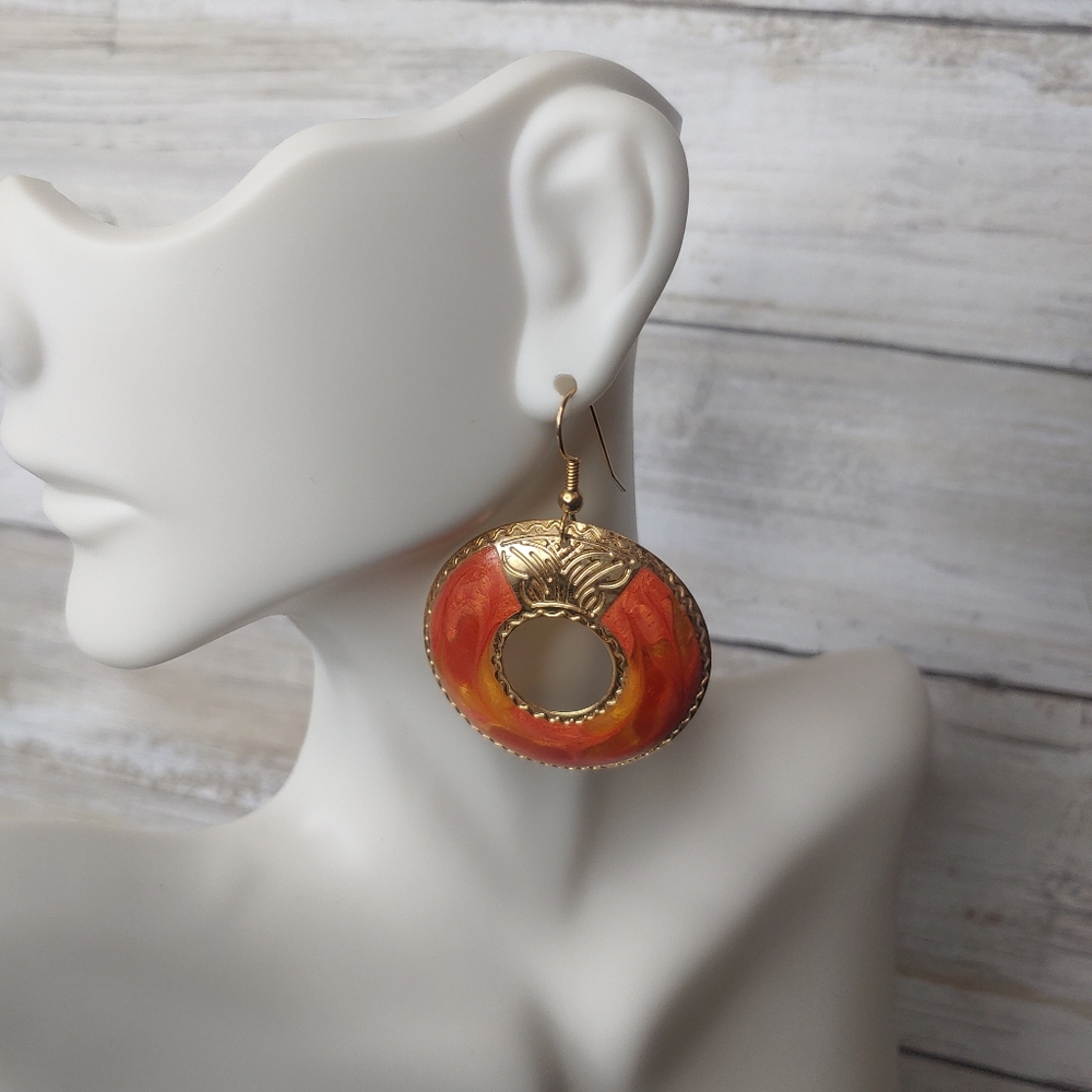 Orange gold-tone dangle earrings